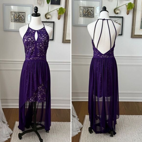 Morgan & Co. Keyhole High Low Purple Open Back Dress 11 12 M - Picture 1 of 9